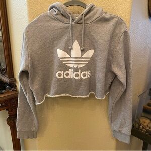 ADIDAS Women Gray Hoodie Cut Off Cropped Sweatshirt Size Medium